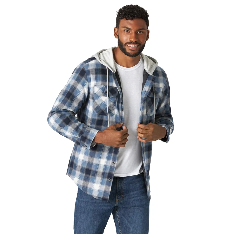 Wrangler Authentics Men's Long Sleeve Quilted Lined Flannel Shirt Jacket with Hood Button, Vintage Night, S