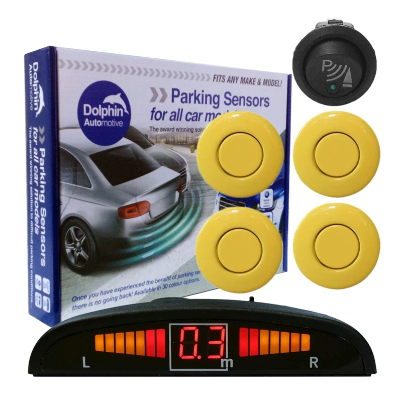 Dolphin Automotive DPS450F Front Parking Sensors In 32 Colours 4 Ultrasonic Radar Sensors Kit Audio & Display Alert System Matt & Gloss Black +30 More Colours (Yellow)