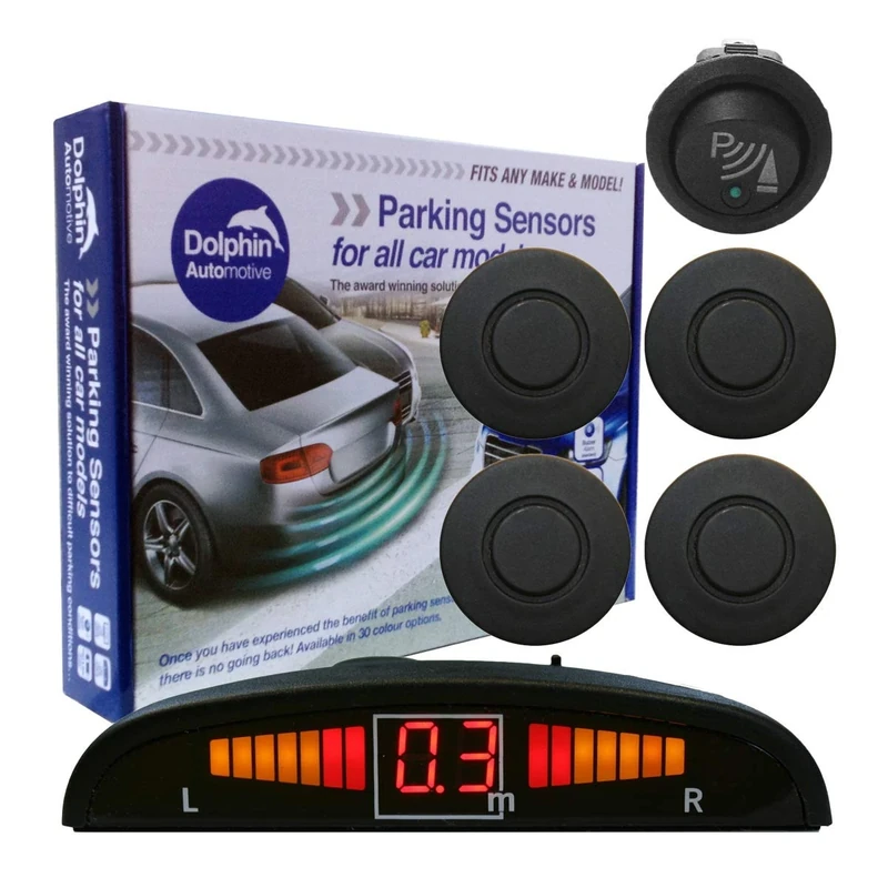Dolphin Automotive DPS450F Front Parking Sensors In 32 Colours 4 Ultrasonic Radar Sensors Kit Audio & Display Alert System Matt & Gloss Black +30 More Colours (Matt Black)