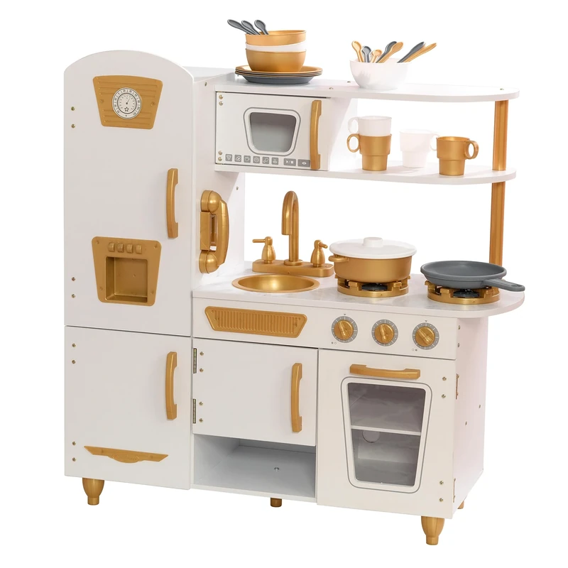KidKraft Modern White Toy Kitchen with Gold Accents and 27 Piece Cookware Kitchen Accessory Set, Wooden Play Kitchen with Toy Phone, Kids' Kitchen set with Retro Toy Fridge, 53445 - Amazon Exclusive