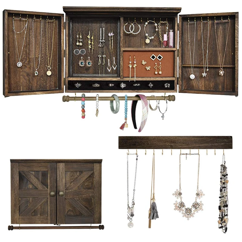 GLANT Rustic Wall Mounted Jewelry Organizer with Wooden Barndoor Decor,Wooden Wall Mount Holder,Jewelry holder for Necklaces, Earings, Bracelets, Ring Holder. Includes matching hook organizer (Rustic)