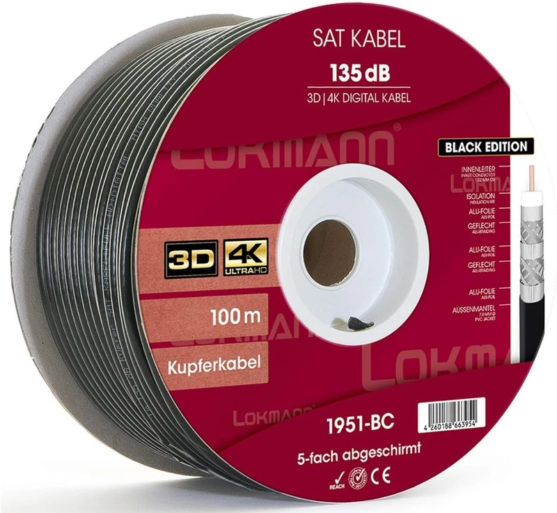 LOKMANN 100 m Pure Copper 135 dB 5-Way Shielded Coaxial Cable Satellite Cable TV Cable Satellite Cable Full HD, UHD, 4K, 8K + Up