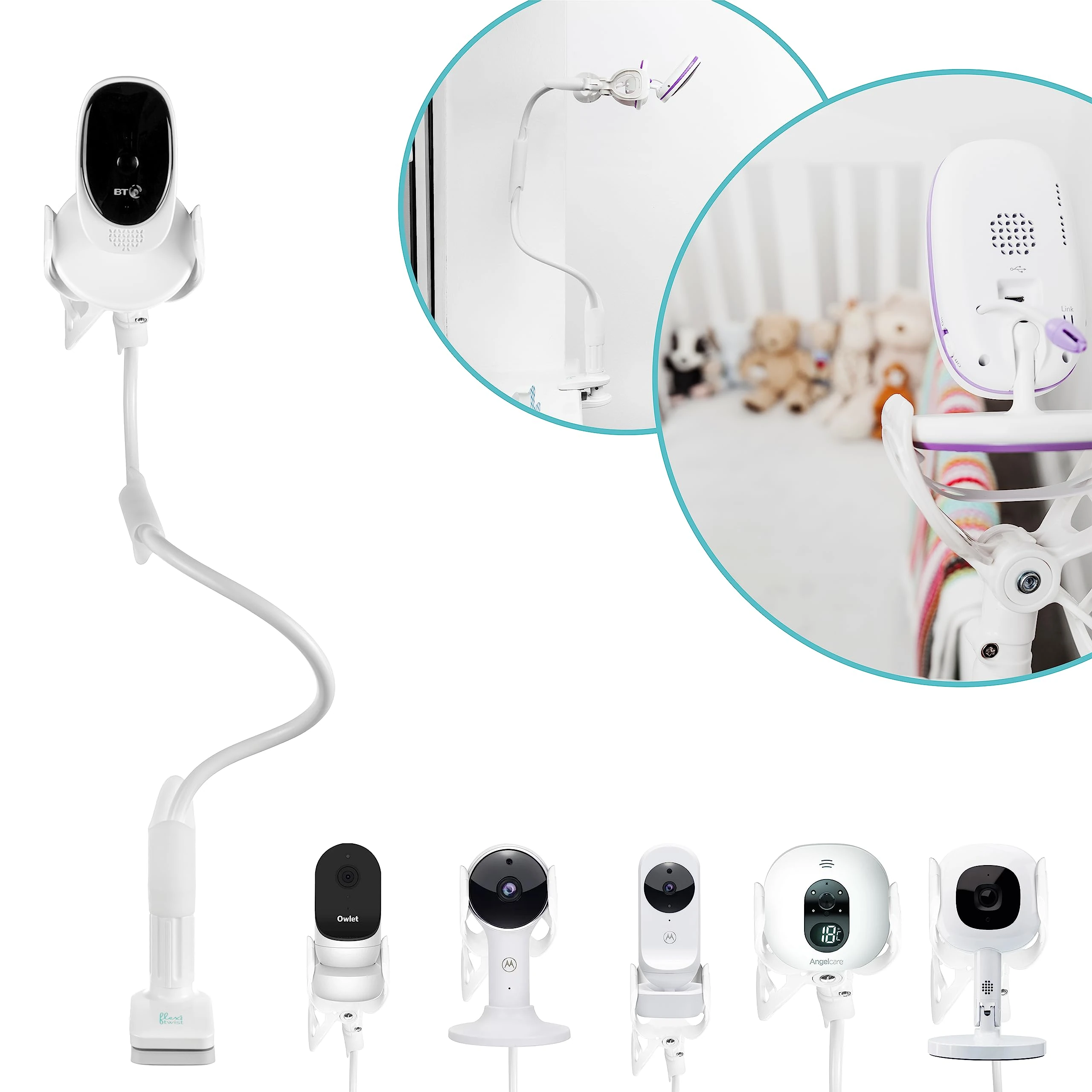 Flexi Twist | Universal Baby Monitor Holder | Secure with Straps & Clamp to Furniture | No Drilling Required | Flexible Baby Camera Mount | Baby Monitor Stand