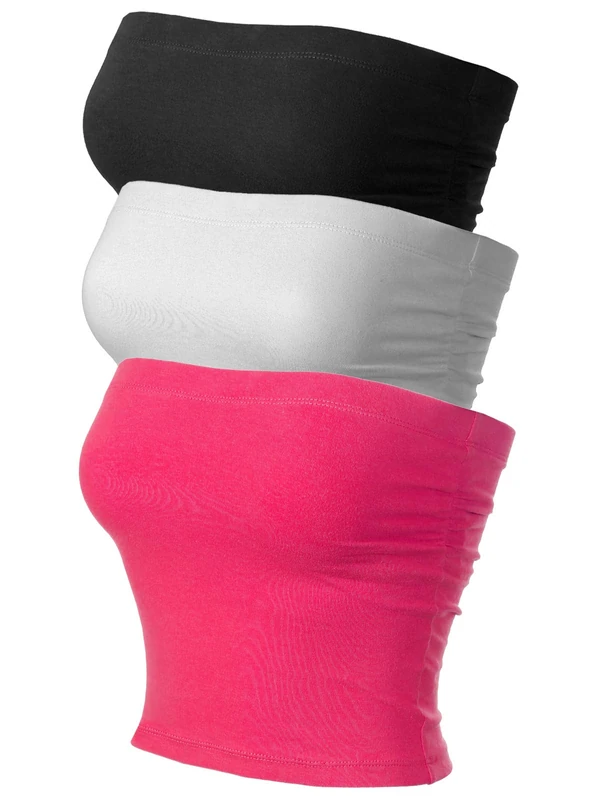 MixMatchy Women's 3 Pack Tube Tops Ruched Side Double Layered Tube Top with Cotton Shelf Bra, 3pack - Black/White/Hot Pink, Medium - Image 1