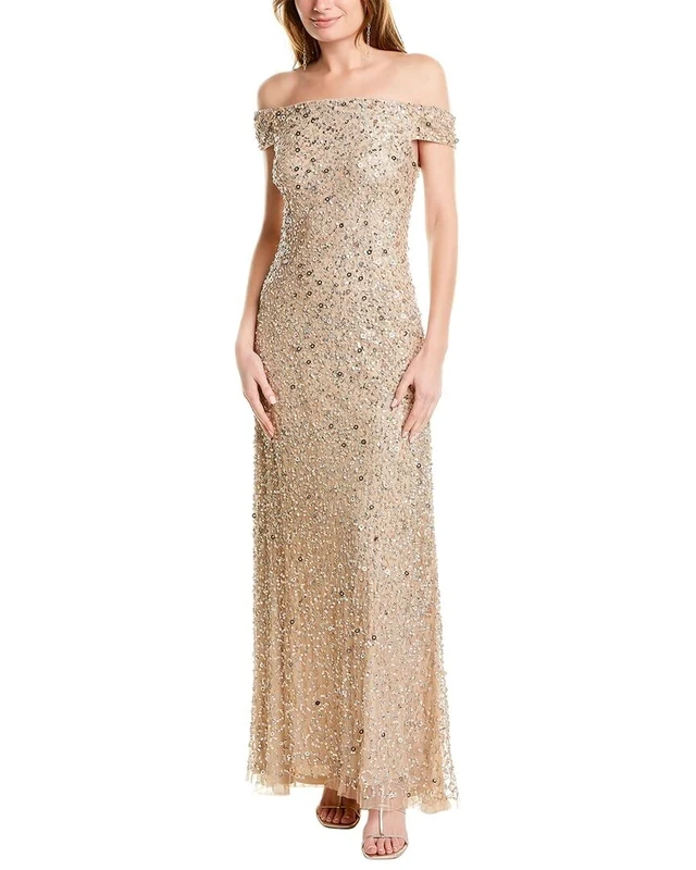 Adrianna Papell Women's Off The Shoulder Sequin Beaded Gown Formal Night Out Dress, Champagne, 18