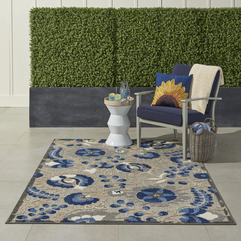 NOURISON Aloha Indoor/Outdoor Floral Natural/Blue 5'3" x 7'5" Area Rug (5' x 8')