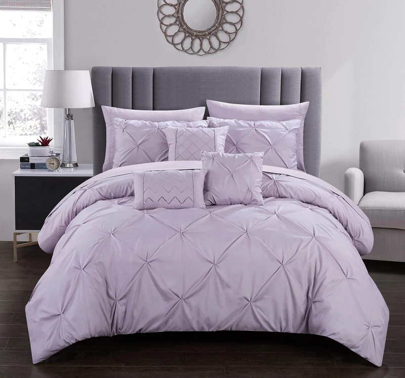Chic Home Pinch, Ruffled and Pleated Complete Bed in a Bag Comforter Sheets Set and Deocrative Pillows Included, Cotton, Lavender, Queen