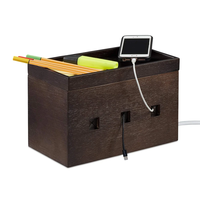 Relaxdays Bamboo Cable Box, Hide Lead Extensions & Cables, Desk Organiser, 16.5x25.5x14cm, Dark Brown - Image 1