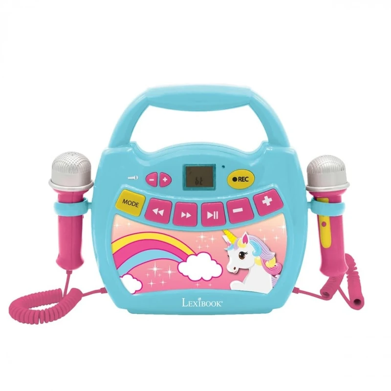 Lexibook Unicorn - My First Karaoke Music Player with Microphones, Wireless, Recording and Voice Changing, for Kids, Blue/Pink, MP300UNIZ