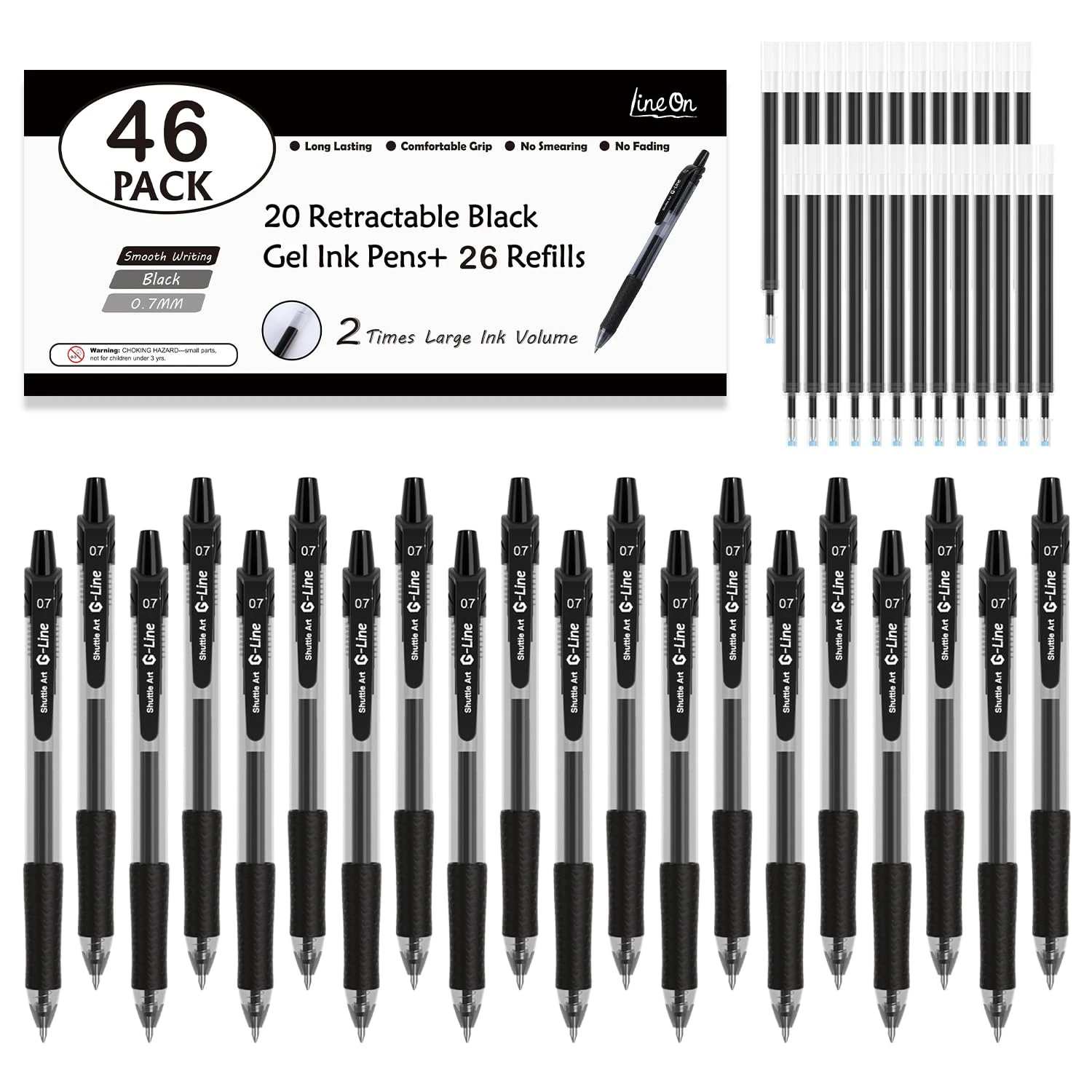 Lineon Black Gel Pen Set, 46 Pack (20 Gel Pens with 26 Refills) 0.7mm Retractable Medium Point Black Pens Smooth Writing with Comfortable Grip for Office School