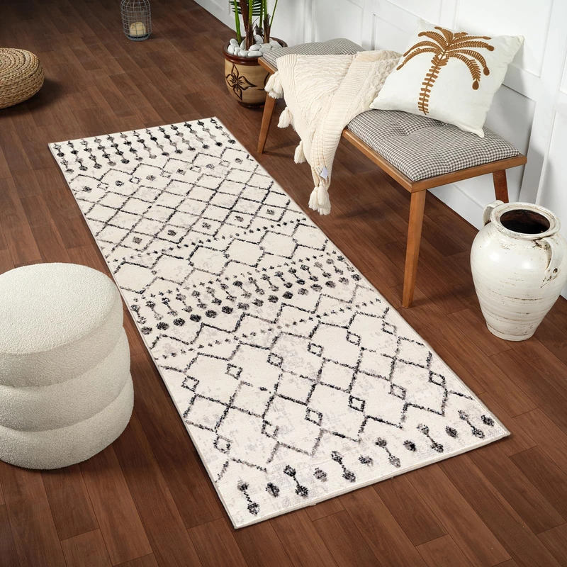 Livabliss Leonor Abu Dhabi Geometric Runner Design – Living Room 80x220 cm, Hallway Kitchen Use, Scandi Neutral Pattern, Boho Style, Easy Care, Ivory Grey Black