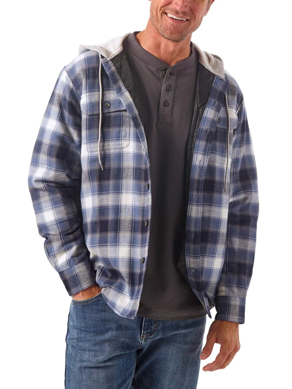 Wrangler Authentics Men's Men's Long Sleeve Quilted Lined Flannel Jacket With Hood Button Down Shirt, Vintage Night, 3XL UK