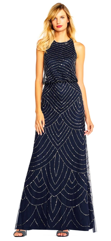 Adrianna Papell Women's Halter Art Deco Beaded Blouson Dress Formal Night, Navy, 20