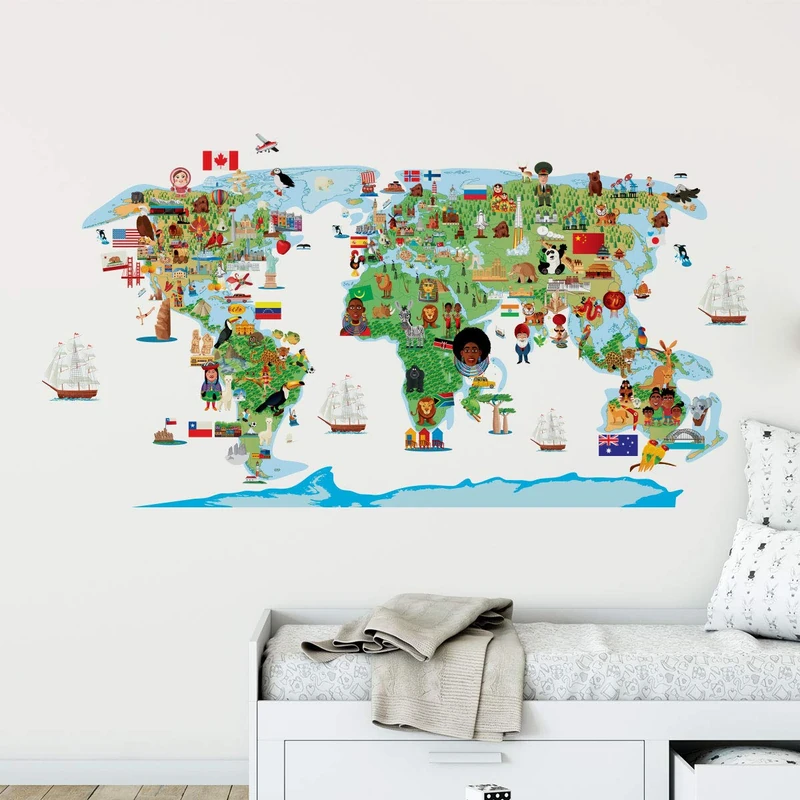 Children's Adhesive Stickers | World Map Sticker - Wall Decoration for Children's Bedrooms | 65 x 120 cm