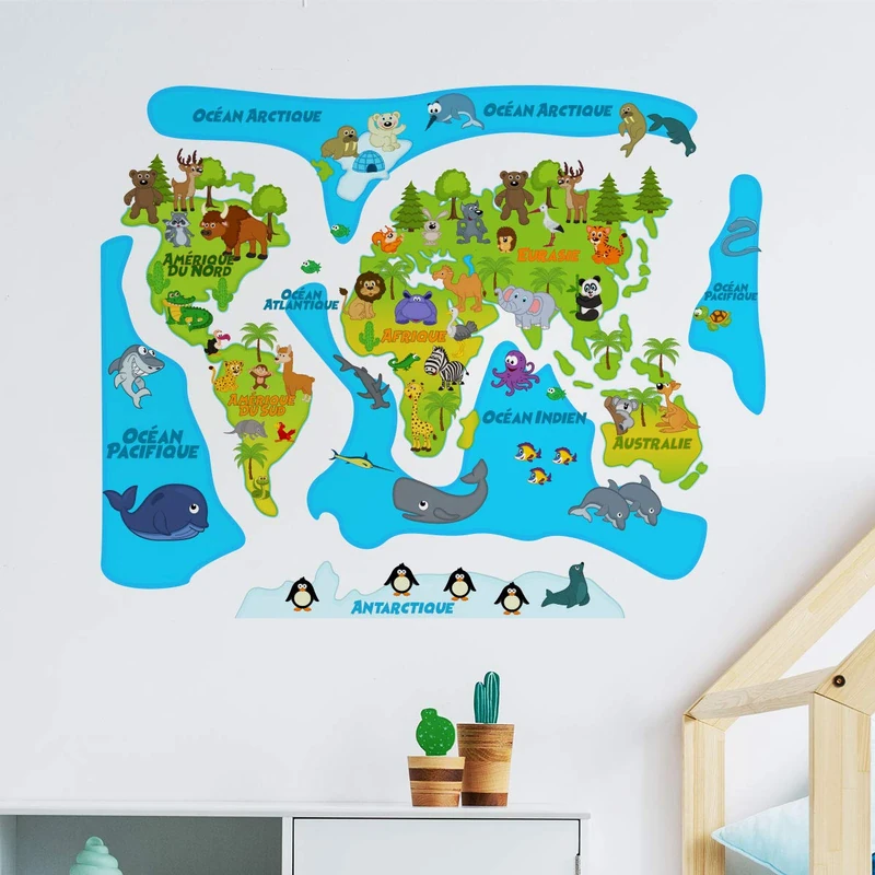 Children's Adhesive Stickers | World Map Sticker - Wall Decoration for Children's Bedrooms | 100 x 120 cm