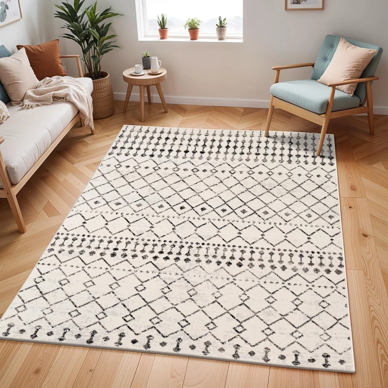 Livabliss Abu Dhabi Geometric Rug - Scandi Area Rugs Living Room 160 cm, Dining, Kitchen - Neutral, Abstract Patterned Rugs, Boho Style, Easy Care Pile - Large Rug, Ivory, Grey, Black