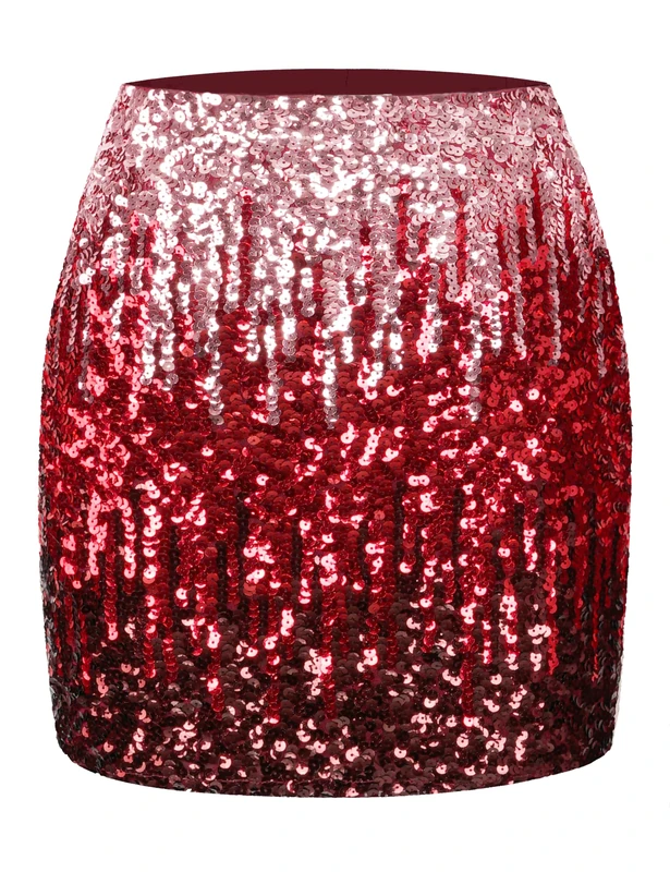 MANER Women's Sequin Skirt Sparkle Stretchy Bodycon Mini Skirts Night Out Party - Red - Small