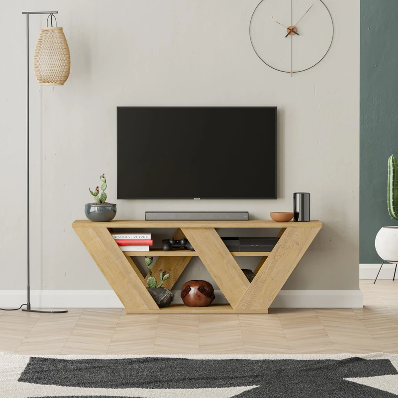 HOCUS PICUS Modern TV Unit up to 42 inch TV's | 110×30×40 cm | Minimalist Living Room TV Stand with 2-Tier Open Storage | Diagonal Design Media Console (Oak)