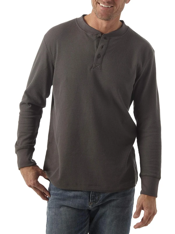 Wrangler Authentics Men's Long Sleeve Waffle Henley Shirt, Dark Charcoal, 3XL