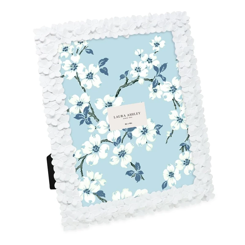 Laura Ashley 8x10 White Flower Textured Hand-Crafted Resin Picture Frame w/Easel & Hook for Tabletop & Wall Display, Decorative Floral Design Home Décor, Photo Gallery, Art (8x10, White)