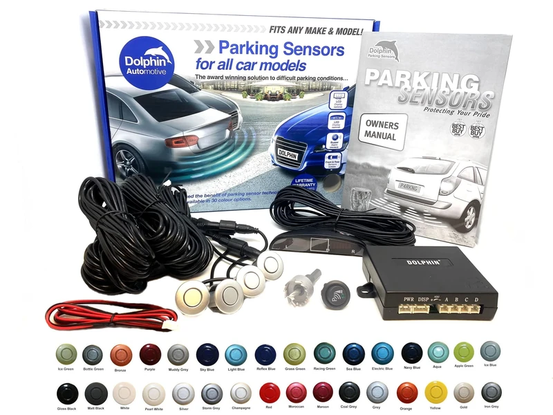 Dolphin Automotive DPS450F Front Parking Sensors In 32 Colours 4 Ultrasonic Radar Sensors Kit Audio & Display Alert System Matt & Gloss Black +30 More Colours (Champagne)
