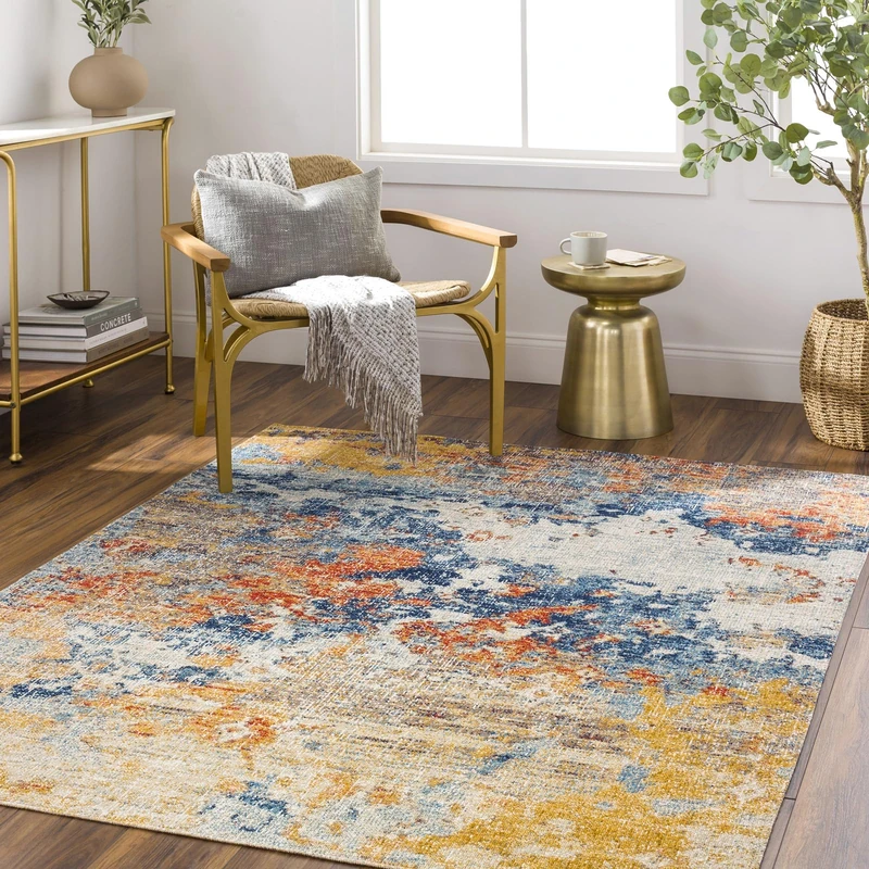 Livabliss Tichia Indoor Outdoor Rug - Large Boho Rug for Living Room 160x213cm, Dining, Kitchen Rug - Vintage Patterned Neutral & Coloured Rugs, Waterproof, Stain Durable, Orange and Blue Rug