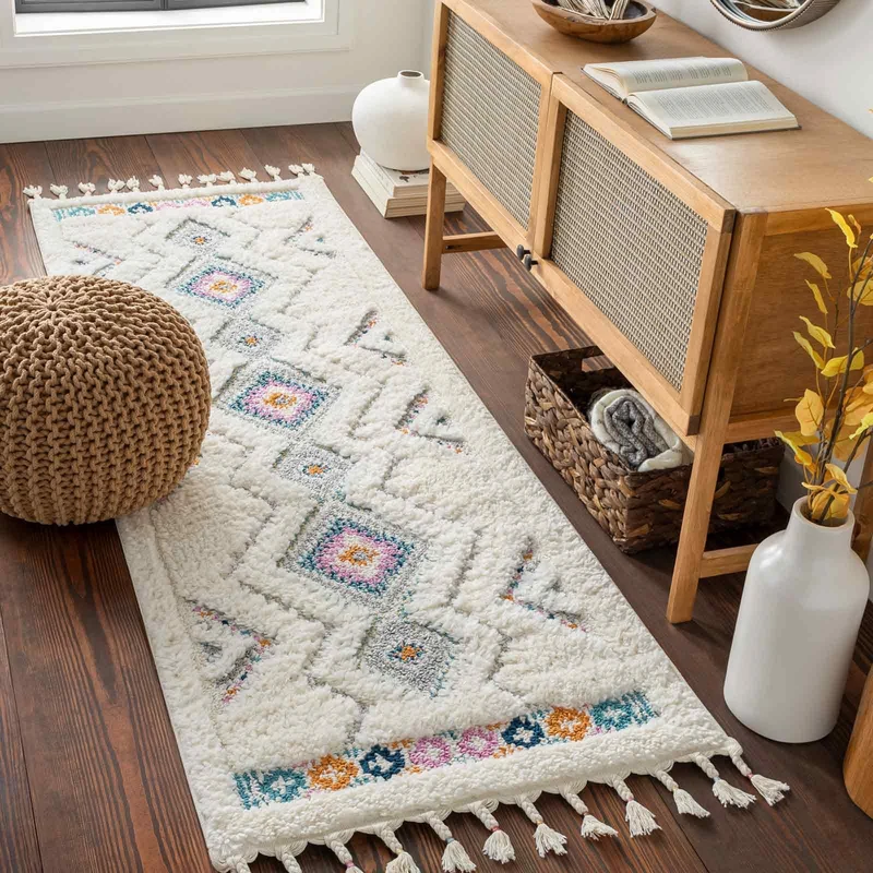Livabliss Kampala Geometric Rug - Scandi Runner Rugs Living Room 80x220 cm, Hallway, Kitchen - Neutral, Patterned Carpet Runners, Boho Style, Easy Care - Large Rug, Cream, Purple, Orange, Aqua, Grey