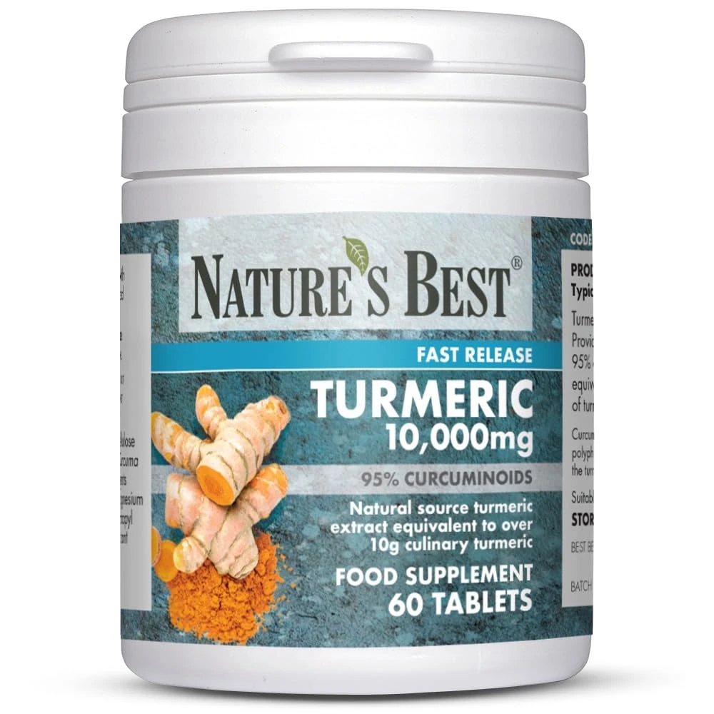 Nature's Best Turmeric 10,000mg Tablets Fast Release - High Strength, 95% Curcuminoids - Taste-Free - UK Made - 60 Tablets (2 Months' Supply)