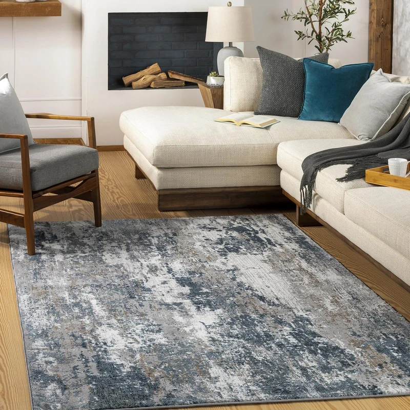Livabliss Noello Abstract Area Rug, 160 x 213 cm, Sky Blue & Ivory, 100% Polyester Medium Pile, Durable Jute Backing, Machine Woven Indoor Carpet for Living Room, Bedroom & Dining Room