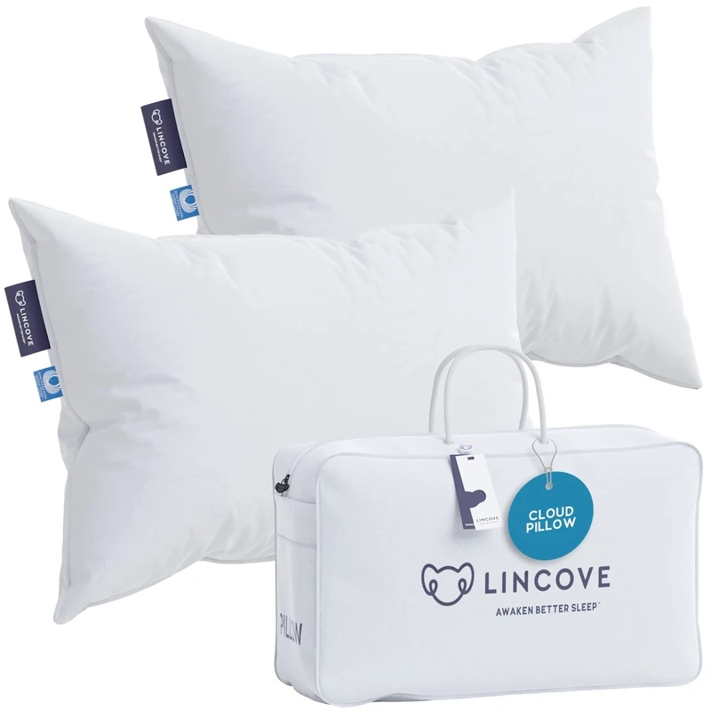 Lincove Cloud Natural Canadian Down Pillow, White Luxury Sleeping Pillow - 625 Fill Power, 500 Thread Count Cotton Shell, Made in Canada, Standard - Soft, 2 Pack