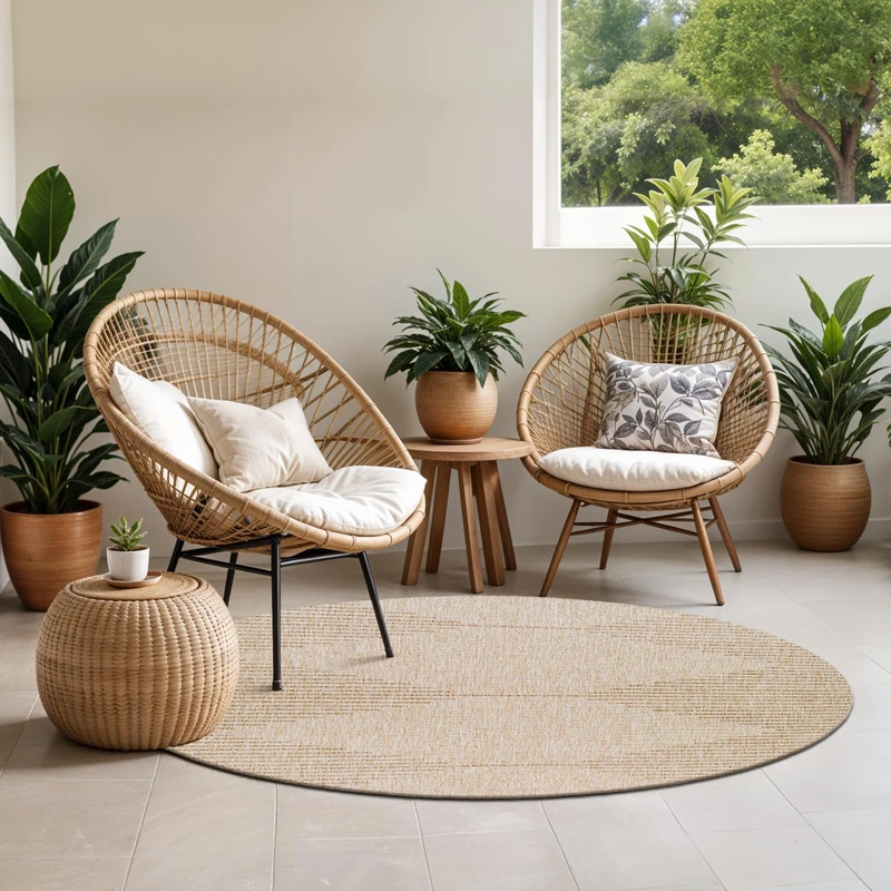 Livabliss Dolly Sevilla Indoor Outdoor Round Carpet 160 cm, Living Room, Dining & Kitchen, Waterproof, Stain Resistant, Durable Boho Style, Cream Brown