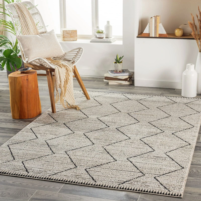 Surya Kafue Rug Living Room Boho Large Rug Bedroom 120 x 170 cm - Rug for Dining Room with Geometric Pattern, Scandinavian Living Room Rug Modern in Beige and Black - Image 1
