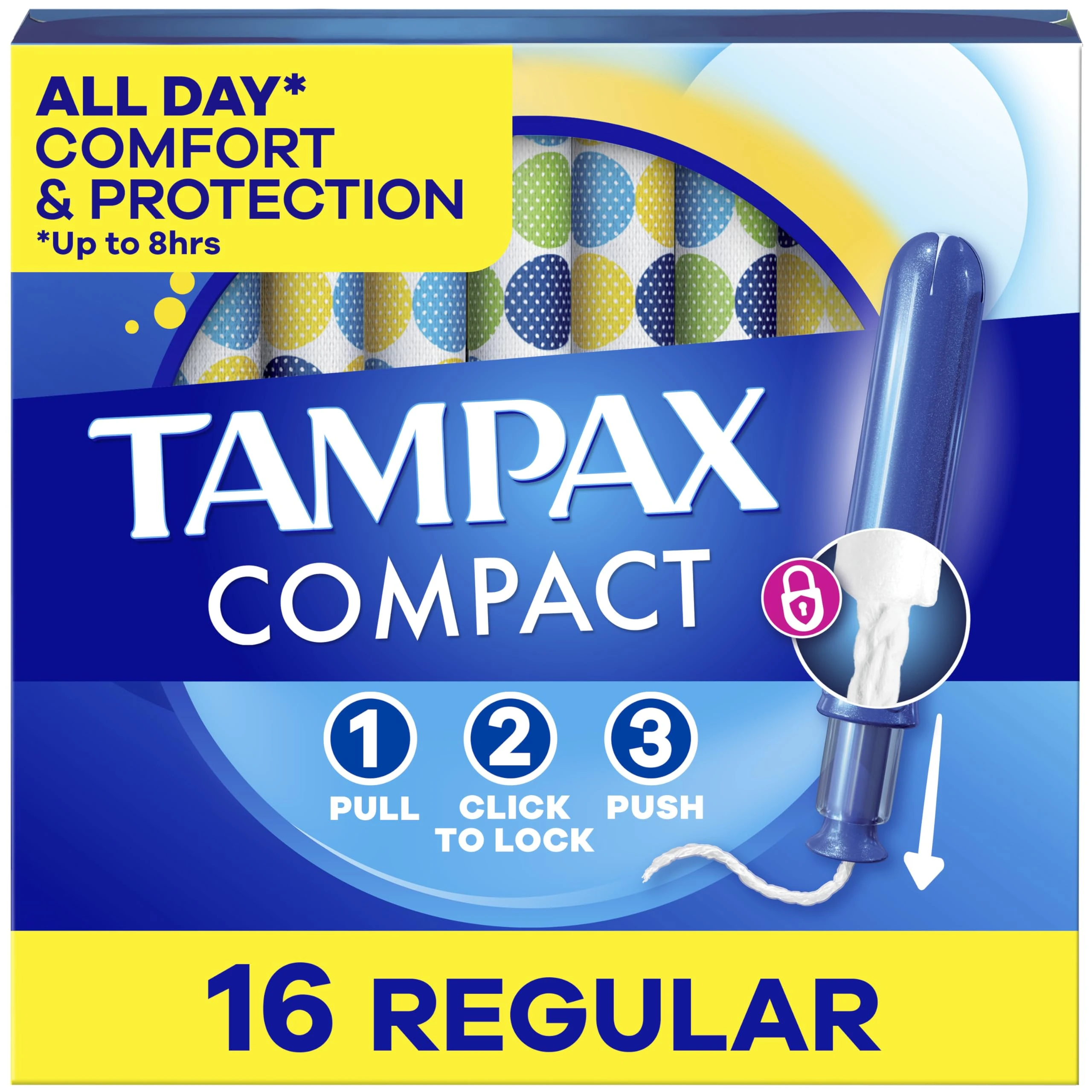 Tampax Compact Pearl Tampons, with LeakGuard Braid & Extendable Applicator, Regular Absorbency, Compact Extendable Applicator, Unscented, 16 Count