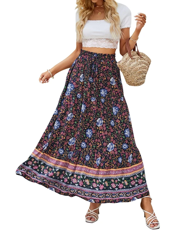 ZESICA Women's 2025 Summer Bohemian Floral Printed Elastic Waist A Line Maxi Skirt with Pockets, Floral Navy, L - Image 1