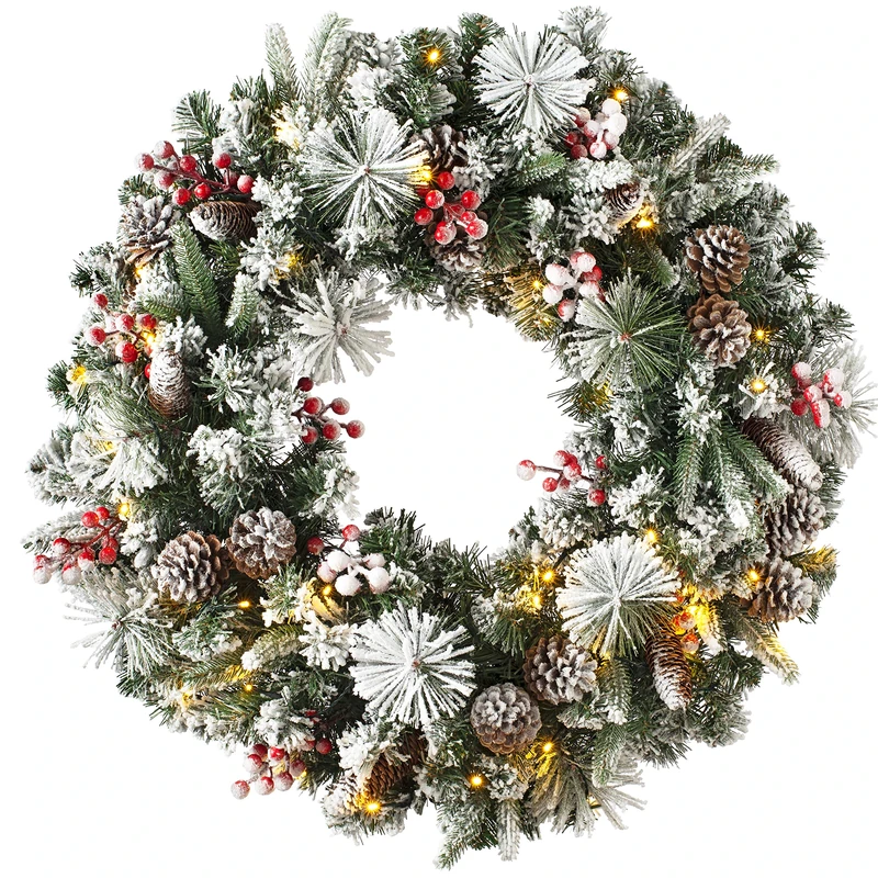 WeRChristmas Luxury Pre-Lit Snow Flocked Wreath with 50 LED Lights & Timer Function, Multi-Colour, 2.5 feet/75cm