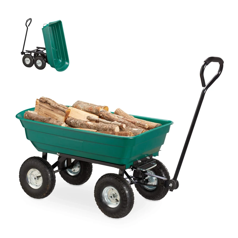 Relaxdays Wheelbarrow, Dump Cart, Garden Wagon Tipping Function, Steering Axle, Up To 200kg, 3.50-4" Tyres, Green