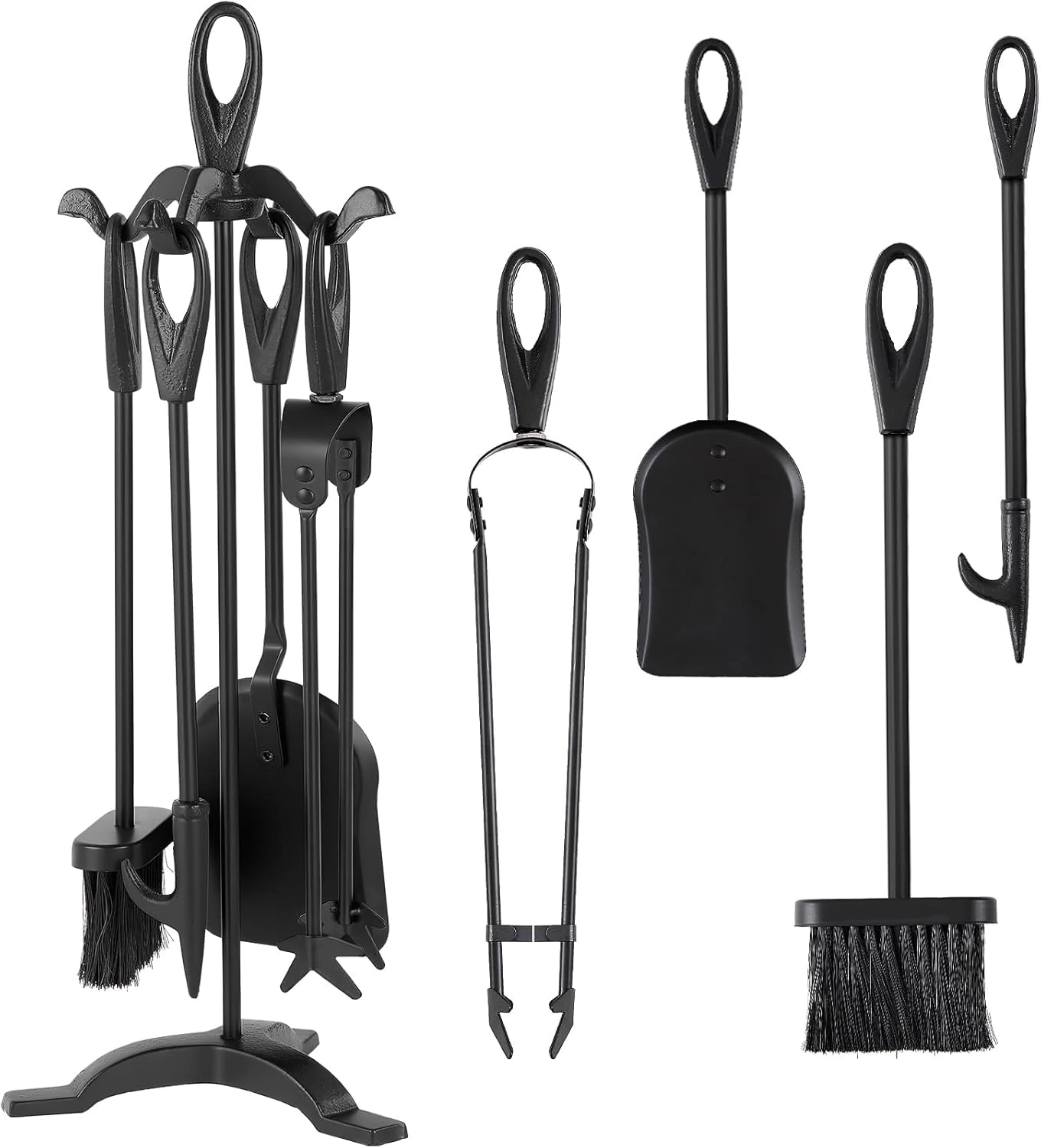 Amagabeli Garden Home 25.2"(64cm) 5 Pieces Fireside Companion Set Black Wrought Iron Fireplace Tools Sets Wood Burner Accessories Indoor Fire Pit Stand Tongs Shovel Brush Chimney Poker Wood Stove