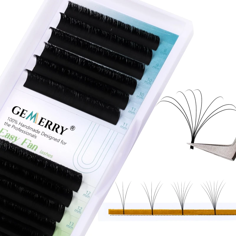 Gemerry Easy Fan Lash Extensions C curl 0.10mm 8-14mm Mixed Tray Noir Russian Volume Automatic Blooming Self Fanning Lashes Long Individual Volume 3D 4D 5D 6D 8D Lash Fan (0.10-c curl-mix 8-14mm)