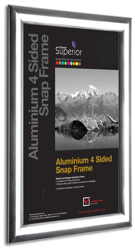 SECO Stewart Superior A1 Aluminium 4 Sided 25mm Front Loading Picture/Poster Snap Frame - Polished Silver Finish
