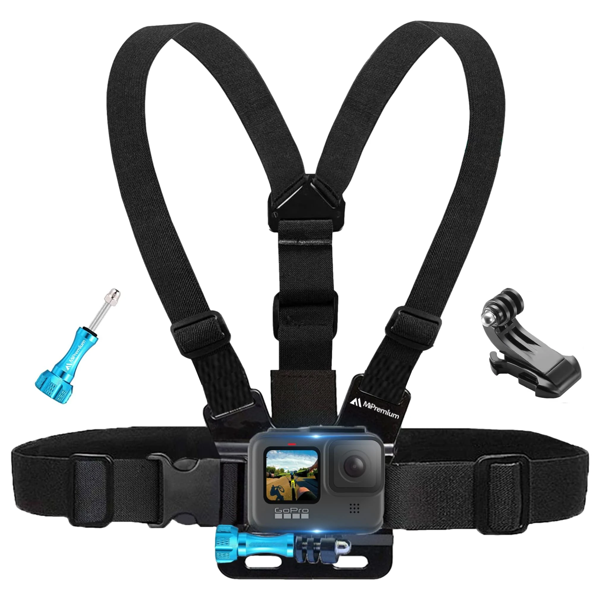 MiPremium Chest Mount Harness Compatible with GoPro Hero 13 12 11 10 9 8 7 6 5 4 3 Fusion Session Black Silver & Other Sports Cameras Adjustable Body Strap + Jhook & Aluminum Thumbscrew Accessory
