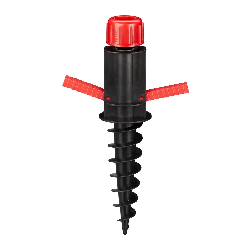 Relaxdays Parasol Ground Anchor, Screw-in Holder With Grips, Umbrella Spiked Stand, 19-32 mm, Camping, Beach, Black/Red