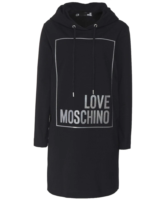 Love Moschino Women's Long Sleeve Hooded Stretch Fleece Dress_Logo Box Print, Black (Black C), 6 (Size: 38)