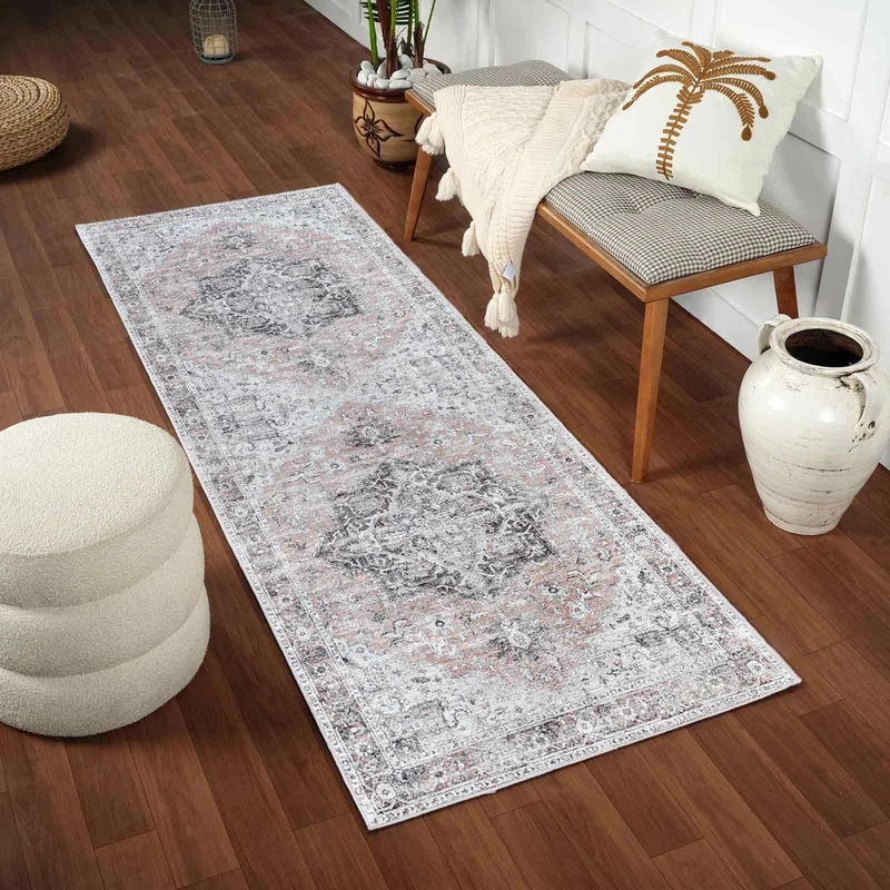 Livabliss Qatar Machine Washable Rug - Vintage Runner Rugs Living Room, 80x240 cm - Traditional Boho Rug Style, Dining Room, Kitchen, Outdoor, Hallway - Light Grey, Beige and Charcoal