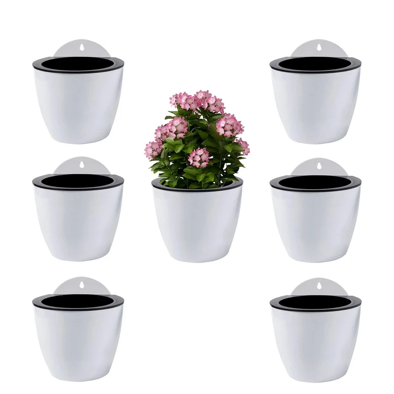 ShoppeWatch Self Watering Wall Planters for Indoor Plants 7 Pack Large 7 Inch with Hooks | Outdoor Wall Pots for Plants | Wall Hanging Planters | White Wall Mounted Planters PL35