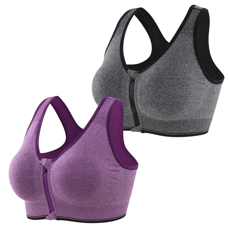 CLOUSPO Sports Bra Post Surgery Bra Zip Front Wireless with Removable Pads Yoga Bra for Workout Fitness(L,Grey+Purple)
