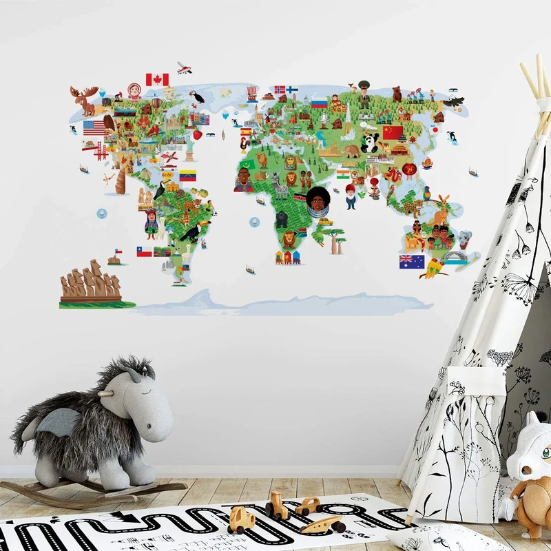 Children's Adhesive Stickers | World Map Sticker - Wall Decoration for Children's Bedrooms | 65 x 120 cm