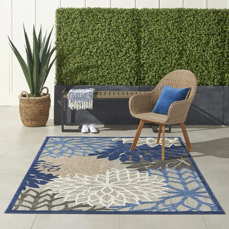 NOURISON Aloha Indoor/Outdoor Floral Blue/Multicolour 5'3" x 7'5" Area Rug (5' x 8'), 5'3" x 7'5"