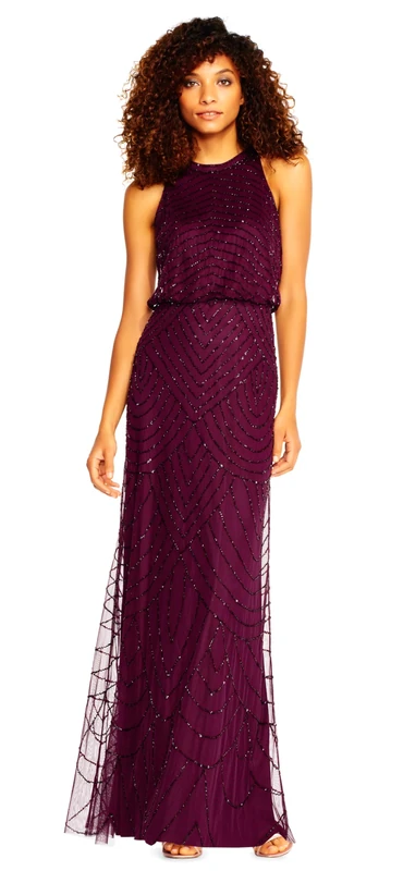 Adrianna Papell Women's Art Deco Beaded Blouson Dress with Halter Neckline Special Occasion, Cassis, 18