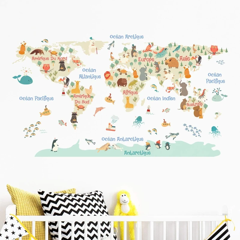 Children's Adhesive Stickers | Pastel World Map Sticker - Wall Decoration for Children's Bedrooms | 80 x 135 cm