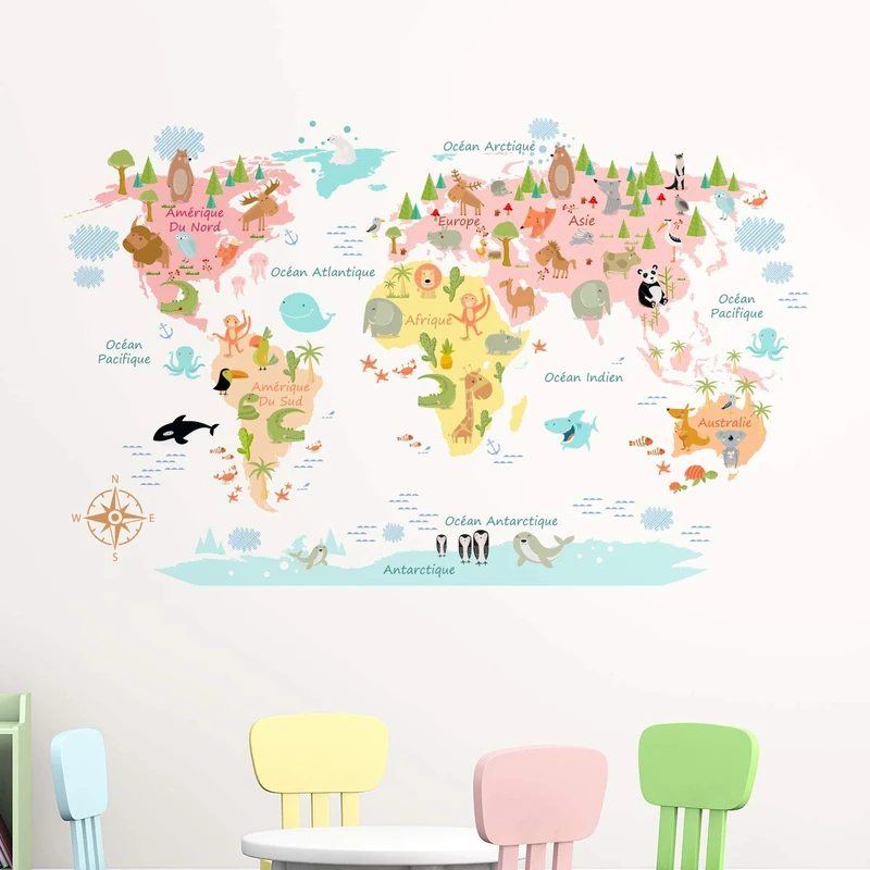 Children's Adhesive Stickers | World Map Sticker - Wall Decoration for Children's Bedrooms | 75 x 120 cm